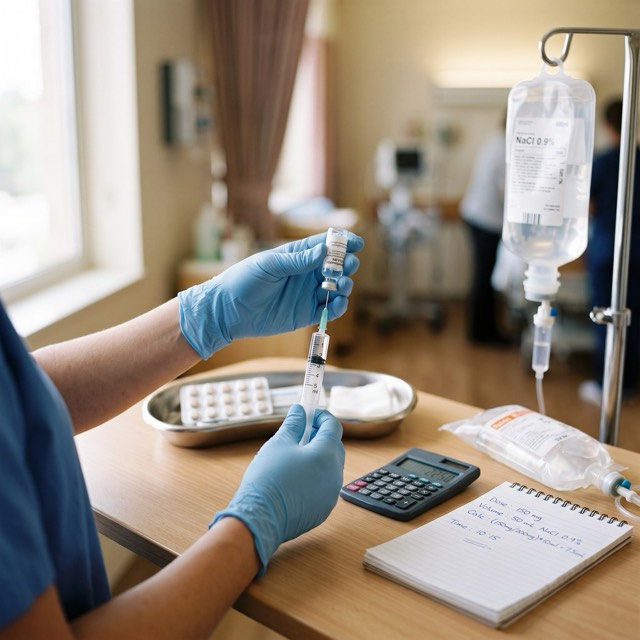 Handskbeklädda händer som drar upp läkemedel ur en injektionsflaska, med miniräknare, anteckningsblock och infusionspåse på bordet