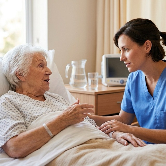 Sjuksköterska vid en äldre patients säng
